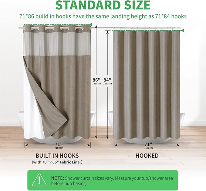 Extra Long No Hooks Needed Linen Textured Shower Curtain with Snap-in Fabric Liner Set,Hotel Luxury Decor Shower Curtains for Bathroom,Waterproof & Washable,71Wx86H,Khaki/Tan