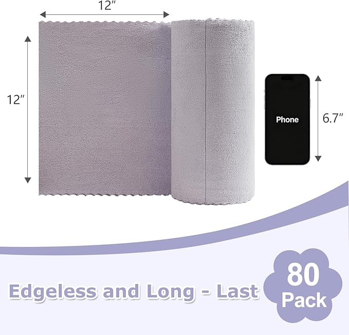 Jessy Home 80 Pack Microfiber Cleaning Cloth Roll Reusable Paper Towels 12"x12" Tear Away Cloth, Microfiber Towels for Cars, Wash Cloths, Lint Free Rags for House, Kitchen,Window,Cleaning Supplies