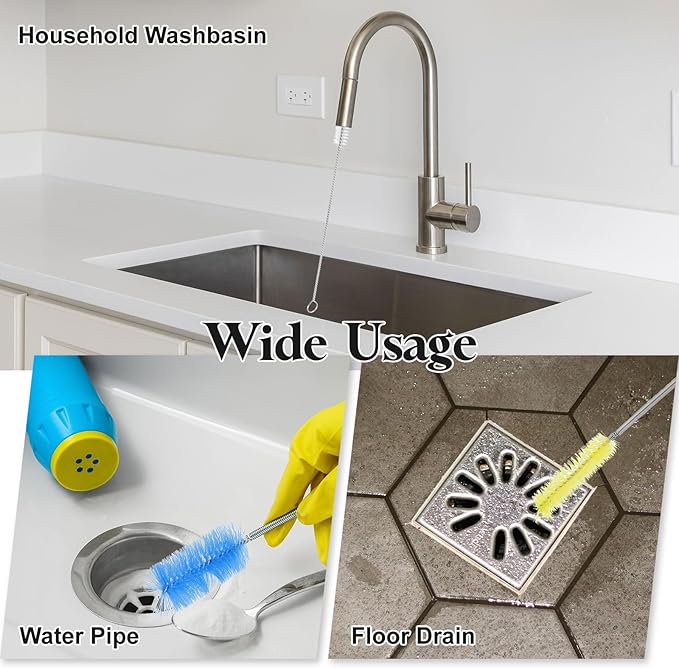 HARFINGTON 3pcs Flexible Long Drain Brush Straw Cleaner Set 78.74" Stainless Steel Double Ended Hose Brush with 8" Nylon Long Tube Pipe Cleaning for Fish Tank Sink Pipe, Yellow