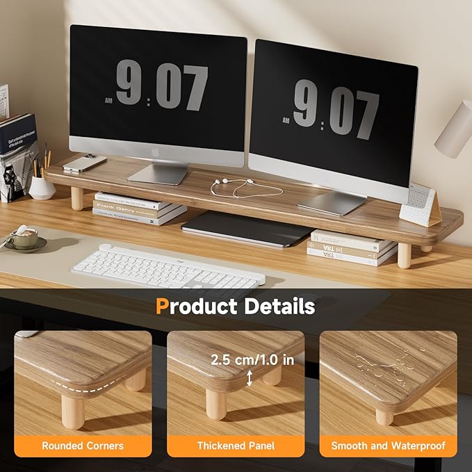 Dual Monitor Stand Riser, 39 Inch Extra Long Wooden Desktop Monitor Riser with Storage for 2 Monitors Ultra Strong Desk Shelf Organizer Riser Ergonomic for 2 Screens/Laptop/PC/TV/Printer, Light Walnut