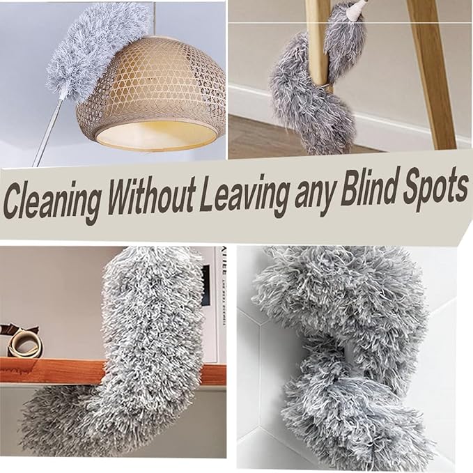 Microfiber Cobweb Duster with 16-100 Inch Extension Pole, Washable Cleaning Duster Kit with 2 Duster Heads Bendable Washable Head Ceiling Fan Duster for High Ceilings, Blinds, Furniture & Car Cleaning