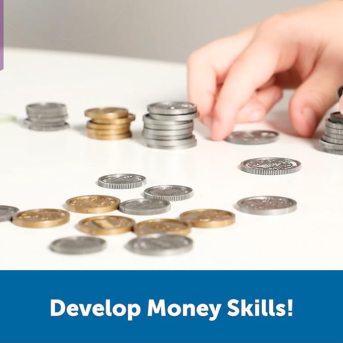 Learning Resources Pretend Play Money - Math Manipulatives for Kids, Kids Bank, Plastic Coins, Cash Register, Toddler, Homeschool Supplies, Fine Motor Skills, Teaching Set Manipulatives
