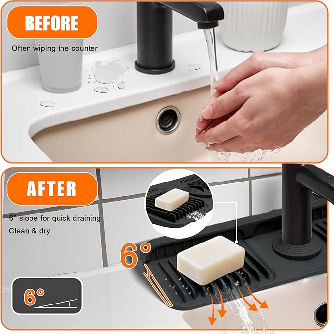 17.7" Silicone Faucet Mat with Button Style Design – Longer Drip Catcher Tray & Sink Splash Guard, 6° Slope Behind Faucet Mat | Easy Kitchen & Bathroom Sink Protector Black