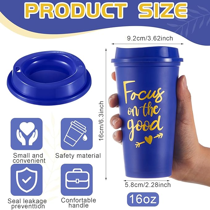 12 Pcs Inspirational Gifts for Employee Coworkers Staff Teammate, 16oz Reusable Plastic Coffee Cups with Positive Sayings, Bundle Gifts for Woman Man Coworker (Blue,Gold,Inspirational)