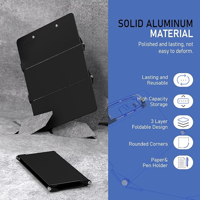 Clipboard Foldable Without Edition Cheat Charts, 3 Layers Aluminum, Nurse Board w/Low Profile Clip&Pen Clip Pocket, Black