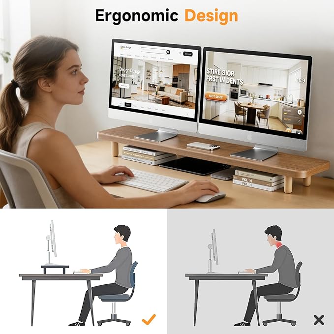 Dual Monitor Stand Riser, 39Inch Extra Long Wooden Desktop Monitor Riser with Storage for 2 Monitors Ultra Strong Desk Shelf Organizer Riser Ergonomic for 2 Screens/Laptop/PC/TV/Printer, Large, Walnut