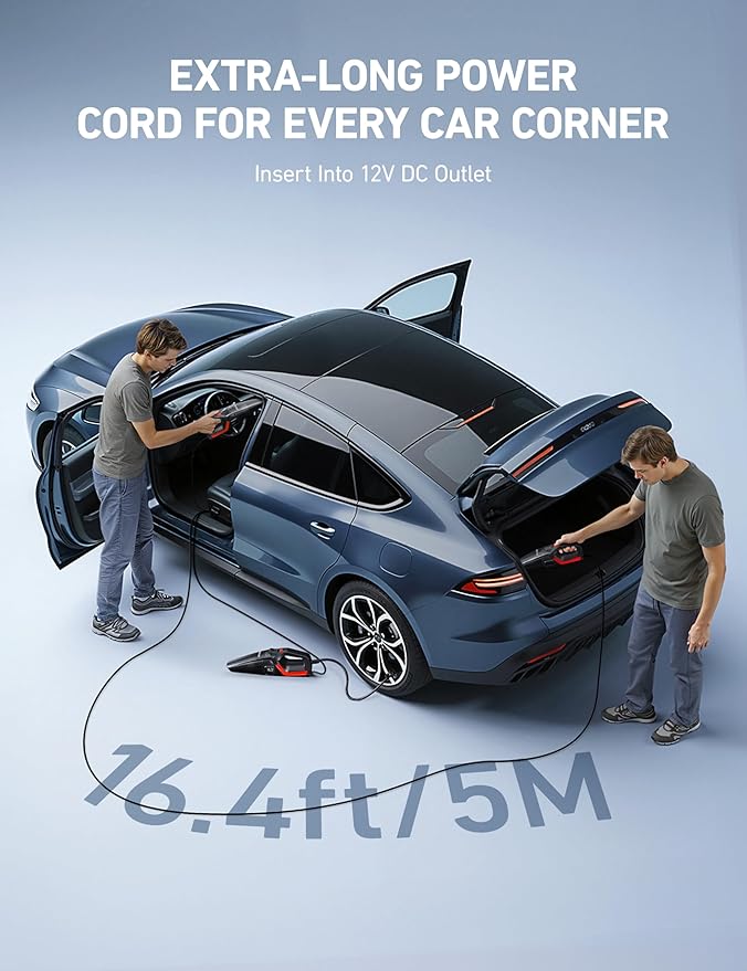 AstroAI 4-in-1 Car Vacuum Cleaner and Tire Inflator Portable with Accessories Air Compressor Digital Dual Values Display, 150 PSI Car Tires Air Pump with LED Light, 12V DC, 16.4FT Cord for Auto
