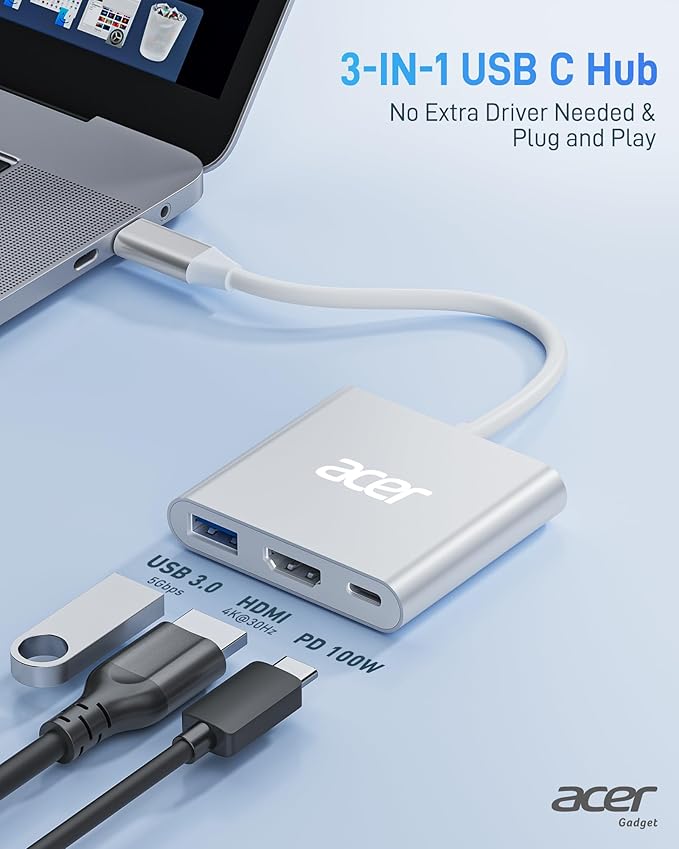 Acer USB C to HDMI Adapter, 4K USB C Hub with 100W PD, USBA 3.0 Port, HDMI to USBC Multiport Digital AV Converter for MacBook Pro/Air, iPad, Tablets, TV, Monitor and More (Silver)