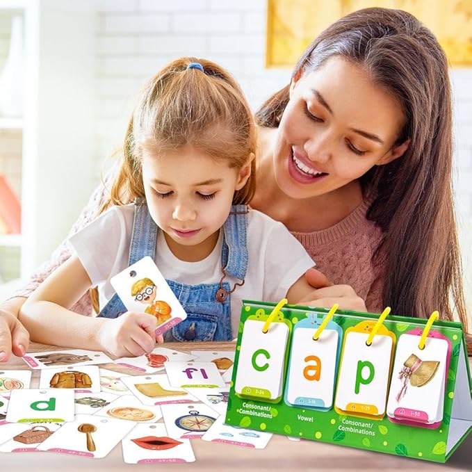 Phonics Flash Cards Learn to Read Word Builder Games Word Building Desktop Pocket Tent Flash Cards Kit with 129 Cards for Reading and Spelling Phonics Learning