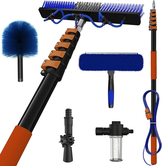 30Ft Reach Solar Panel Cleaning Brush Kit with 5-24ft Telescoping Pole, Water Fed Window Cleaner Tool with 20" Brush, Soap Dispenser, Cobweb Duster, Squeegee for Roof, CV, Gutter, Boat, Deck