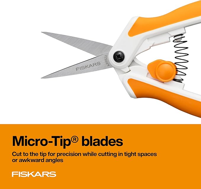 Fiskars Micro-Tip Spring Assisted Scissors, Precision Cutting Stainless Steel Blades, Comfort Handle, Cut Details in Fabric, Sewing Scissors and Arts and Crafts Tools
