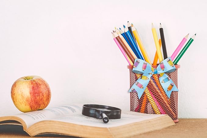 Threetols 4 Rolls 20 Yards Back to School Grosgrain Ribbons, Blue Green Yellow, Apple Pencil School Bus Gift Wrapping for Teacher Kindergarten Party Supply