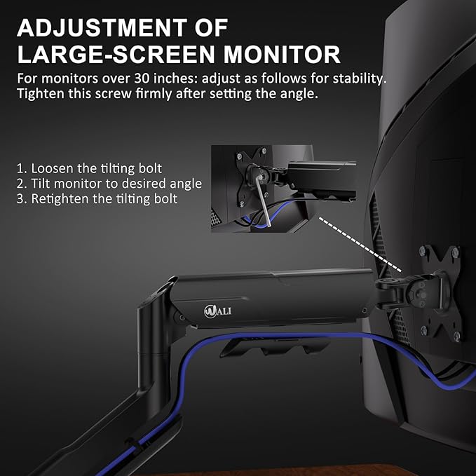 WALI Heavy Duty Single Monitor Arm for 17-49 Inch Flat Curved Ultrawide Screens, up to 33 Lbs, Adjustable Gas Spring Single Monitor Desk Mount for Home Office Gaming, VESA 75/100mm (GSM001XLN), Black