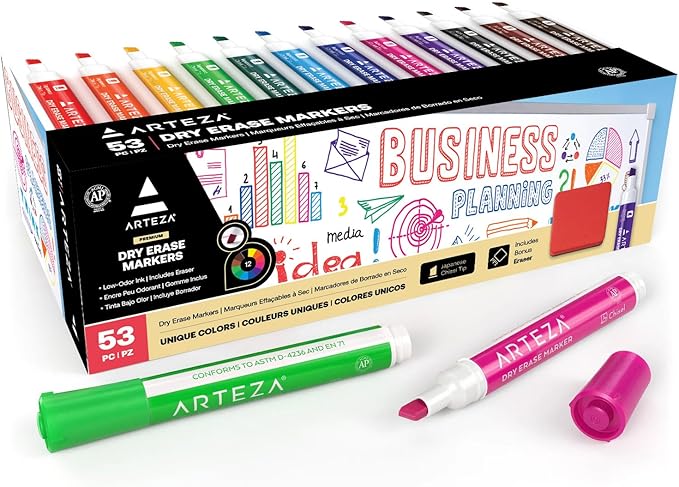 ARTEZA Dry Erase Markers Bulk Pack of 52, 12 Assorted Colors, Low-Odor Ink Whiteboard Pens with Chisel Tip, Office Supplies for Classroom, Home & Teachers