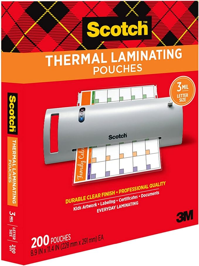 Scotch Thermal Laminating Pouches,Clear,3 mil.,Ideal Office or School Supplies,Fits Letter Sized Paper (8.9 in. × 11.4 in.),(Pack of 1200)