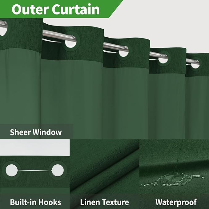 No Hooks Needed Linen Textured Shower Curtain with Snap-in Fabric Liner Set,Hotel Luxury Decor Shower Curtains for Bathroom with Mesh Top Window,Waterproof & Washable,71Wx74H,Emerald Green
