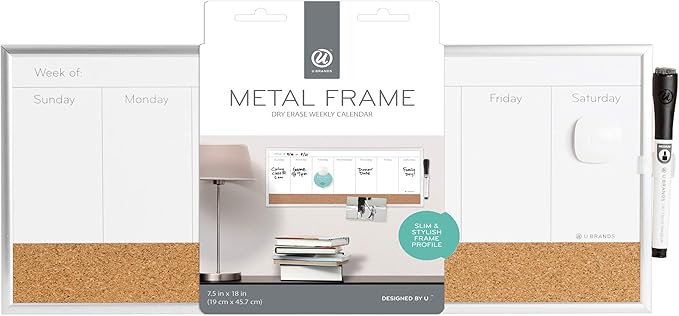 U Brands Magnetic Dry Erase Weekly Calendar White Board With Cork Strip, 18" x 7.5", Silver Aluminum Frame, Includes Magnet, Marker