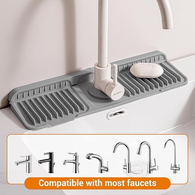 Faucet Mat for Kitchen Sink, 17.7"X5.5" Silicone Sink Splash Guard with Soap Holder, Snap-On Design & 7°slope Fast Drain, Folding Sink Faucet Mat for Universal Kitchen Bathroom Sink（Grey）
