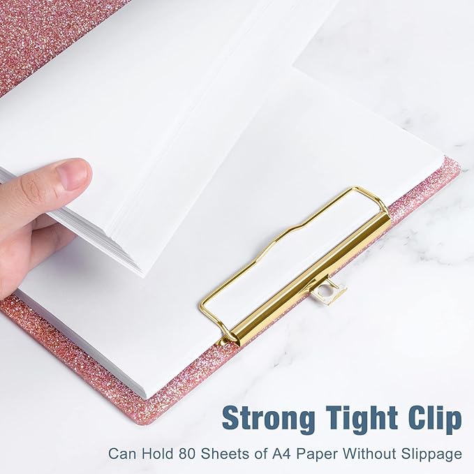 Piasoenc Acrylic Clipboards, Fashion Glitter Clip Board with Low Profile Gold Clip, Designed for Classroom School and Office Use, A4 Letter Size 9 x 12.5 in,Pink