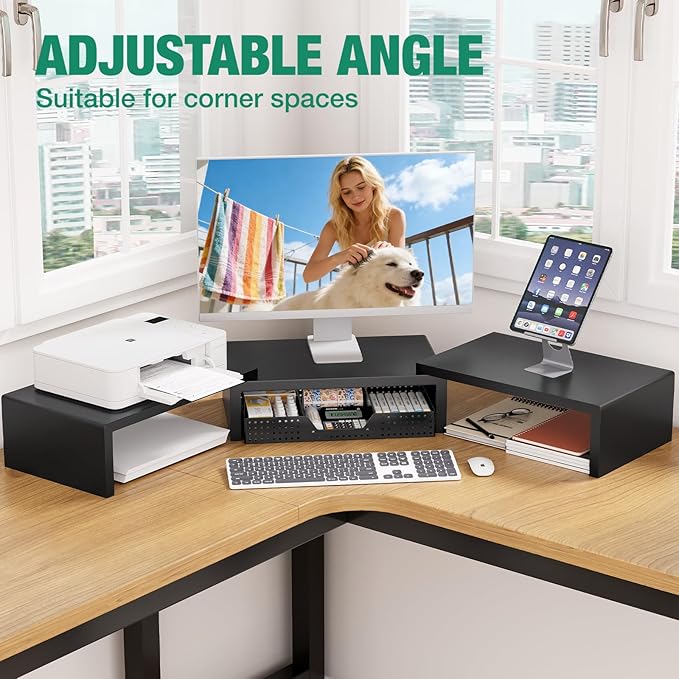 OPNICE Dual Computer Monitor Stand Riser, Desk Organizer with Drawer, Office Desk Accessories & Workspace Organizers for Home Office Supplies, Black