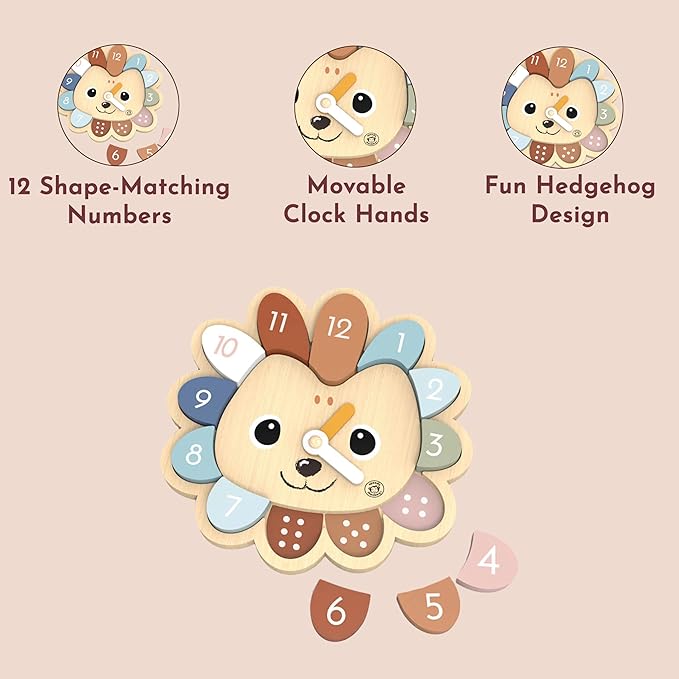 SPEEDY MONKEY Hedgehog Clock Game for Toddlers 12m+ | Wooden Number & Time Learning Toy for Bedroom or Classroom | Shape Sorting & Stacking Puzzle | Animal Educational Gift for Kids & Preschoolers