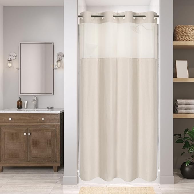 Stall No Hooks Needed Linen Textured Shower Curtain with Snap-in Fabric Liner Set,Hotel Luxury Decor Shower Curtains for Bathroom,Waterproof & Washable,54Wx74H,Cream