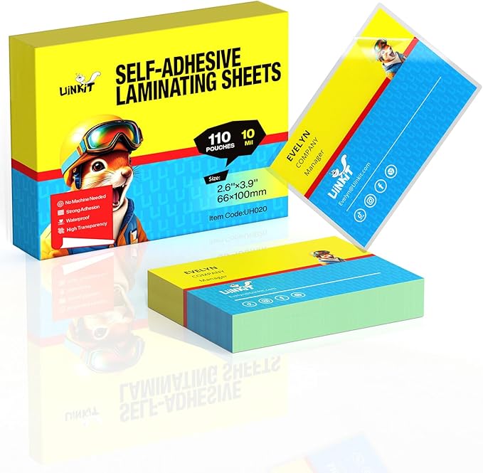 Uinkit 10mil Thicker Self Sealing Laminating Pouches Business Card Size, for 2.6x3.9" Cards, Ultimate for Restaurant IDs, School Badges, Event Credentials - No Laminator (110-Pack Bulk)