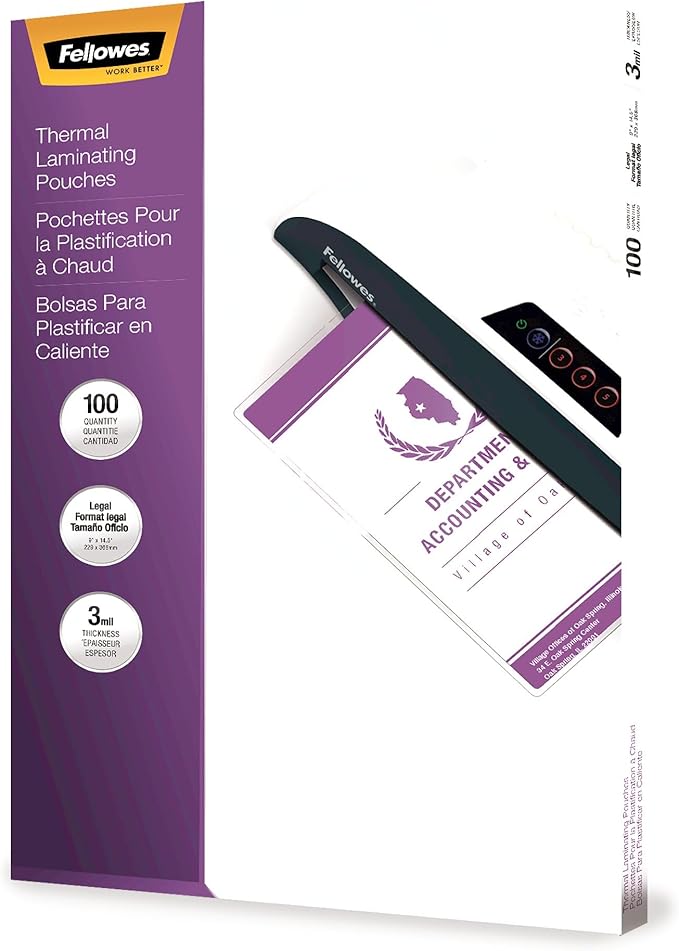 Fellowes, Hot Laminating Pouches, 3 Mil, Legal Size, 100 per Pack (52455)