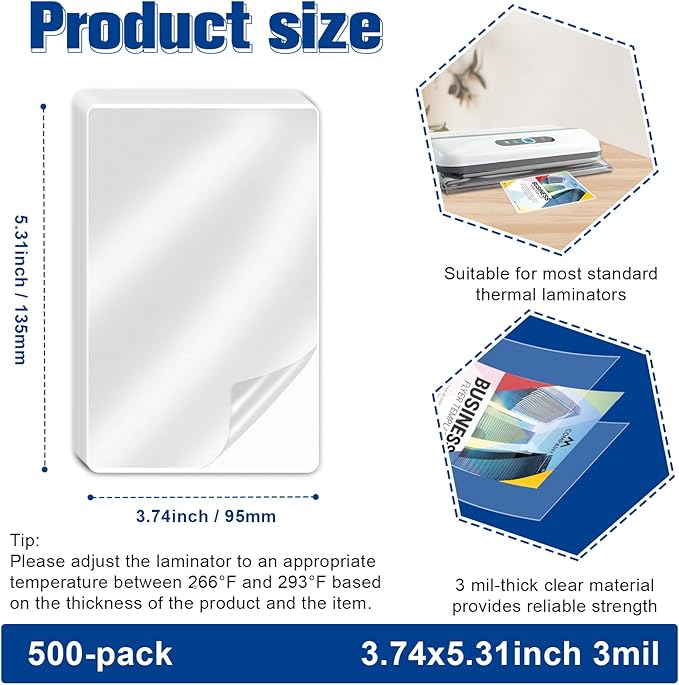 Index Card Laminating Pouches 3x5 File Card Laminating Pouches Lamination Pouches Recipe Card Laminating Pouches for Work Permits Pass Cards Student ID Cards (500, 3x5inch)