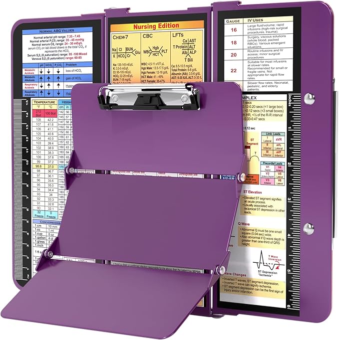 Nursing Clipboard Foldable w/Nursing Edition Cheat Charts, 3 Layers Aluminum, Nurse Board w/Low Profile Clip&Pen Clip Pocket Blank for Nurses, Doctors, Dark Purple