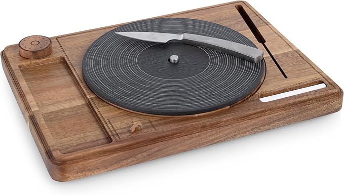 PICNIC TIME Turntable Cheese Board with Knife, Retro Vinyl Record Charcuterie Board, Spinning Lazy Susan Serving Slate Tray with Chalk for Labeling, (Acacia Wood)
