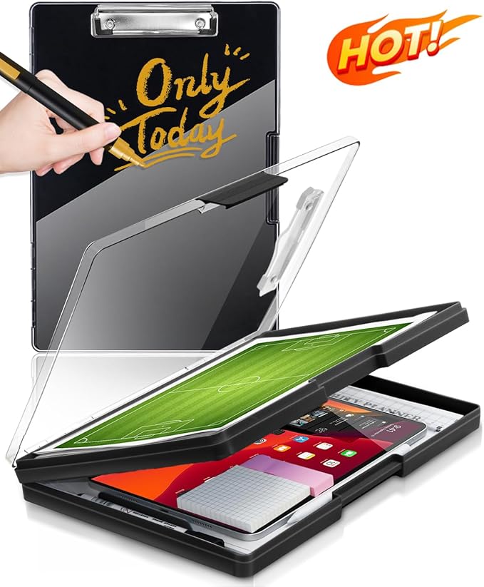 Clearview Clipboard with 2 Storage, Dry Erase 8.5x11 Heavy Duty ClipBoards - High Capacity Coaches Clip Board with Pen Holder - Side Opening Plastic Nursing Clip Case - Black