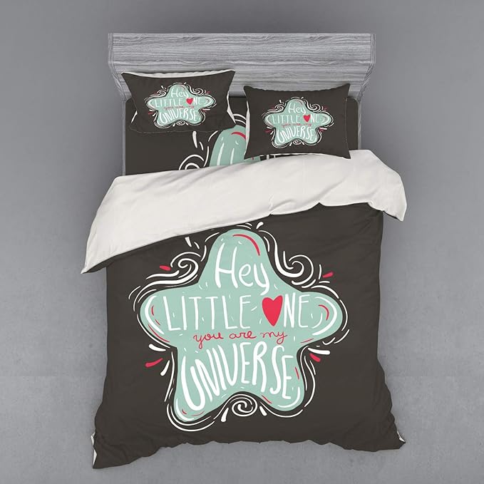 Ambesonne Saying Bedding Set, Hey Little You are My Universe Typography Star Drawing Funky Layout, 4 Piece Duvet Cover Set with Shams and Fitted Sheet, Queen Size, Seafoam Dark Taupe Coral