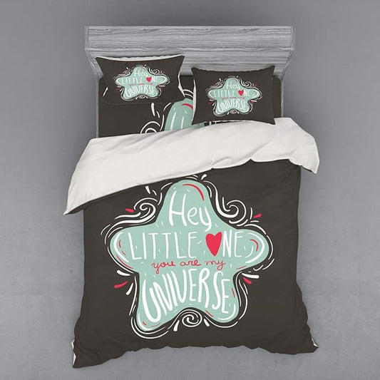 Ambesonne Saying Bedding Set, Hey Little You are My Universe Typography Star Drawing Funky Layout, 4 Piece Duvet Cover Set with Shams and Fitted Sheet, Queen Size, Seafoam Dark Taupe Coral