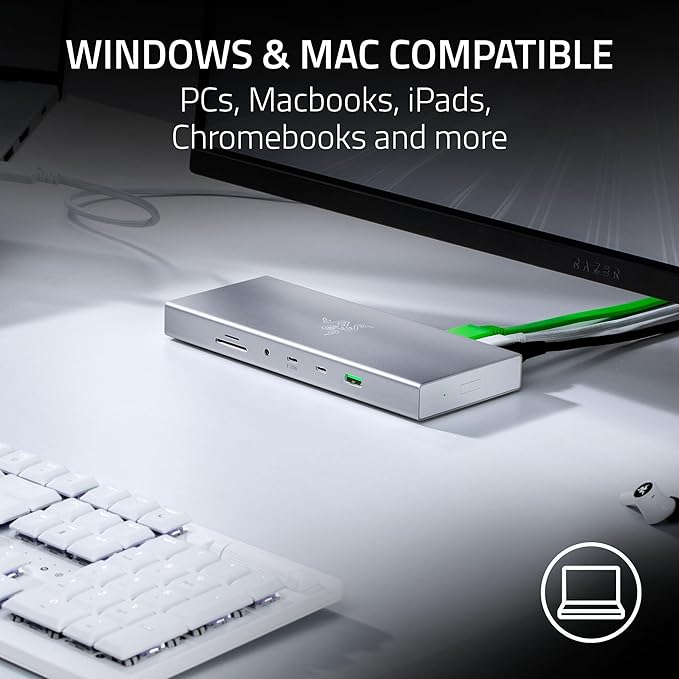 Razer USB 4 Dock: 14 Ports (Type C, Type A, HDMI, DP, Ethernet, SD, 3.5mm) - Dual Monitor Up to 4K 120 Hz - Laptop & Phone Fast Charge - Durable Lightweight Casing - Windows & Mac Compatible - Mercury