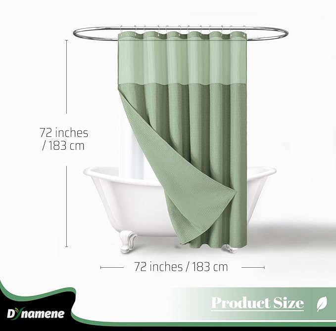 Dynamene Fabric Shower Curtain with Snap in Liner, Sage Green Waffle Hotel Shower Curtains for Bathroom, Washable Waterproof Cloth Shower Curtain Liner Set with Plastic Hook, Mesh Top Window, 72x72