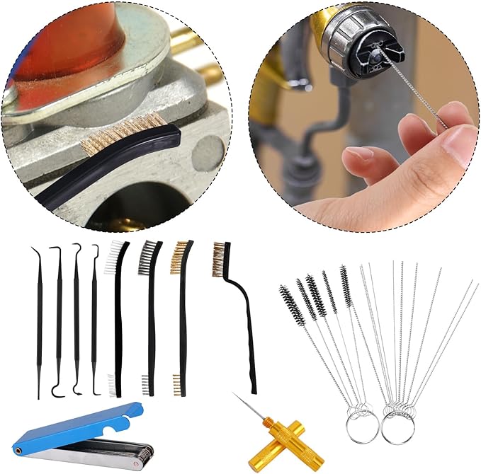 Carburetor Cleaning Kit Torch Tip Cleaner, Includes 3 Double-Ended Brushes 1 Single Head Brush 23 Needles 5 Nylon Brushes 1 Scraper & 4 Cleaning Hooks Tool for Motorcycle ATV Mower Small Engine