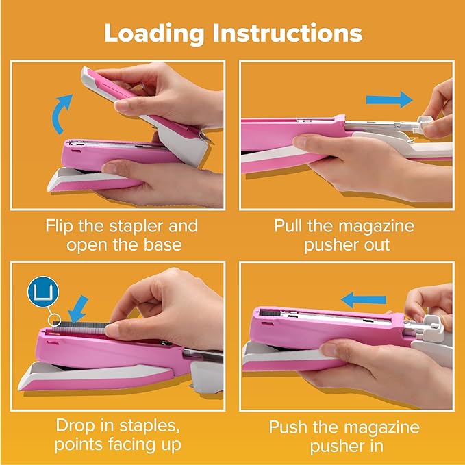 Bostitch Office InPower Spring-Powered Desktop Stapler, 20 Sheet Capacity, One Finger Stapling, Includes 210 Staples, Jam Free, Opens for Tacking, Breast Cancer Awareness Pink