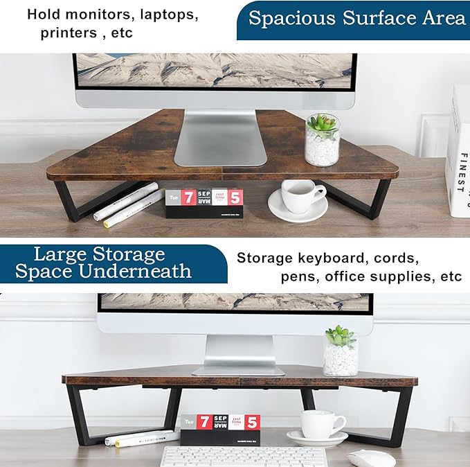 TEAMIX 26 inch Triangle Monitor Stand Riser, Desktop Corner Shelf with Metal Leg Wood Computer Stand with Storage Laptop Riser Office Organization