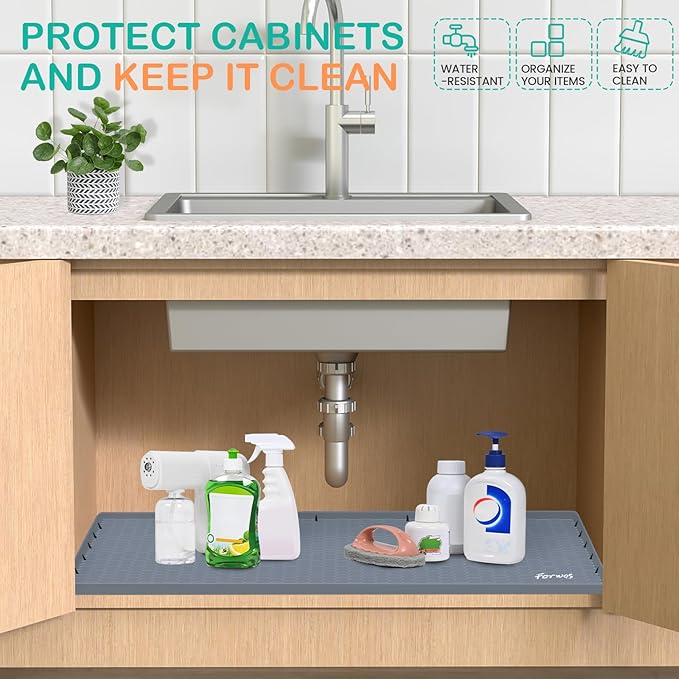 Waterproof Under Sink Mat 34" x 19", Silicone Cabinet Liner, Rubber Protector for Kitchen and Bathroom, Keeps Cabinets Clean, Dry, and Organized (Grey)