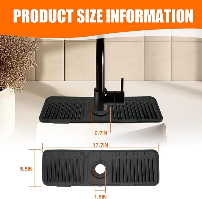 17.7" Silicone Faucet Mat with Button Style Design – Longer Drip Catcher Tray & Sink Splash Guard, 6° Slope Behind Faucet Mat | Easy Kitchen & Bathroom Sink Protector Black