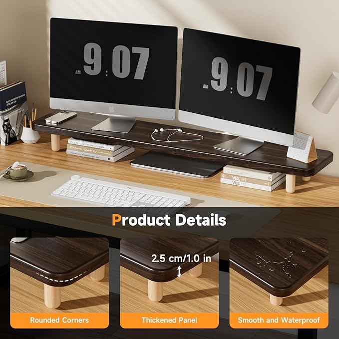 Dual Monitor Stand Riser, 39 Inch Extra Long Wooden Desktop Monitor Riser with Storage for 2 Monitors Ultra Strong Desk Shelf Organizer Riser Ergonomic for 2 Screens/Laptop/PC/TV/Printer, Dark Walnut