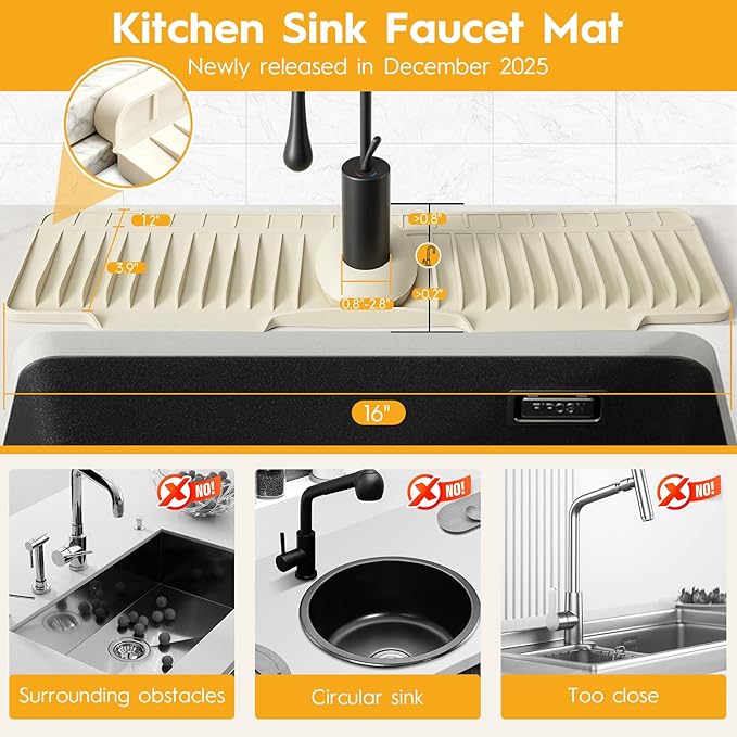 16" Silicone Faucet Mat for Kitchen Sink Released in 2025/12TH,8° Slope Fast Self-draining-Kitchen Sink Splash Guard,Bathroom Kitchen Sink Area Water Splash Guard Behind Faucet Draining Mat Beige