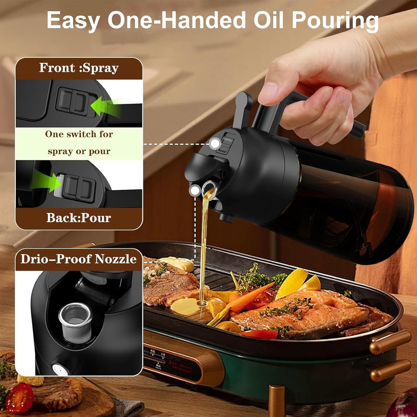 2-in-1 Glass Oil Dispenser & Sprayer - 16oz/470ml Leakproof Bottle for Cooking, Air Fryer, BBQ, Baking, Salad (Light-Blockage Black 2PC)
