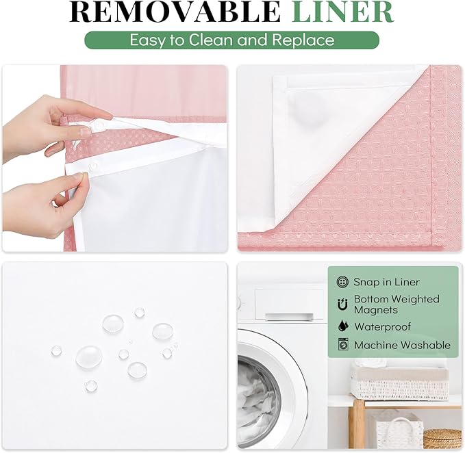 Dynamene Extra Long Shower Curtain, 84 Inch Long Waffle Fabric Shower Curtain for Bathroom, Tall Waterproof Cloth Shower Curtain Liner Set with Hook, Snap in Liner, Mesh Top Window, Pink, 72x84