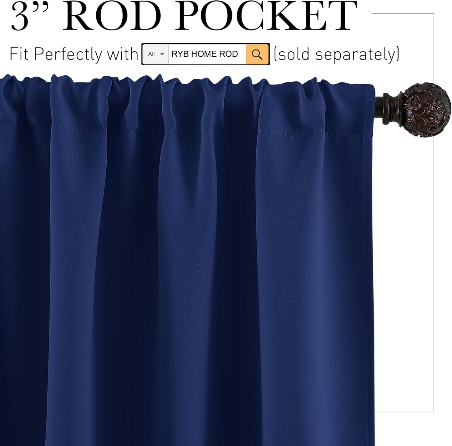 RYB HOME Small Window Tier Curtains, Light Block Privacy Solid Portable Drapes for Kitchen Cabinet Kid Bedroom Basement RV Curtains, Wide 52 x Long 36 per Panel, Marine Blue, 2 Pcs