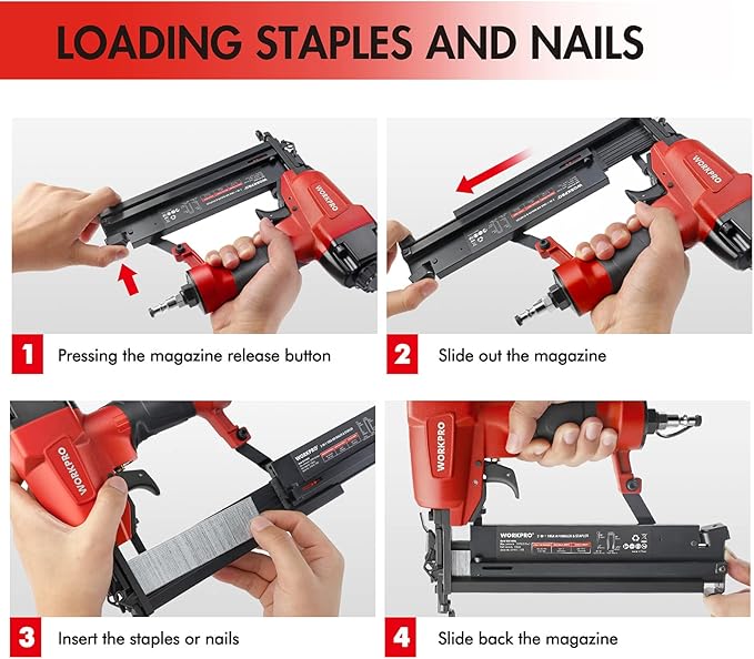 WORKPRO Pneumatic Brad Nailer, 18 GA, 2 in 1 Nail Gun and Crown Stapler, with 400pcs Nails/ 300pcs Staples, for Carpentry, DIY Project, Woodworking