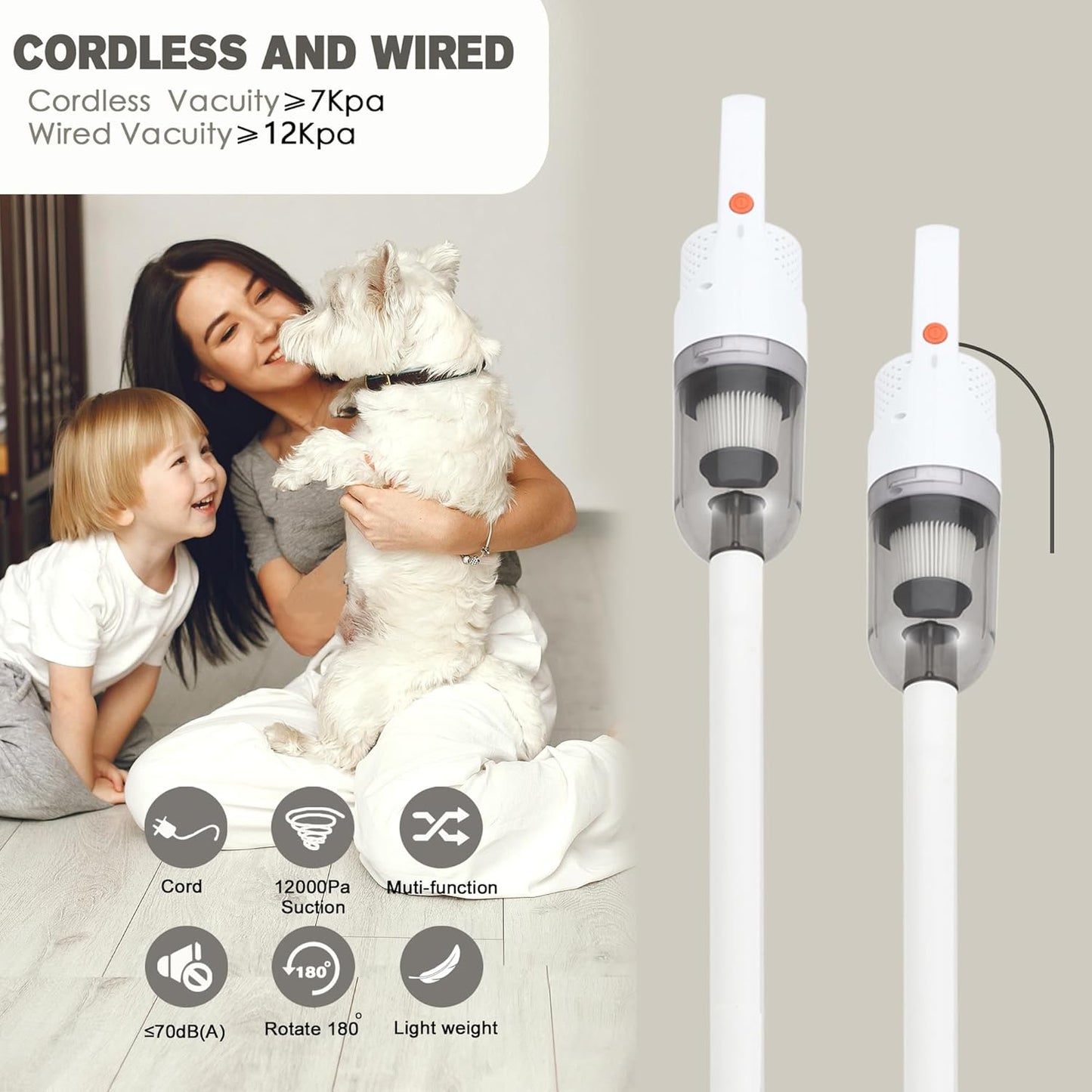 6-in-1 Lightweight Stick Vacuum Cleaner with 100W Powerful Motor, Mini Portable Household Handheld Vacuum Cleaner for Domestic Hard Floors, Carpets and Pet Hair(White Corded)
