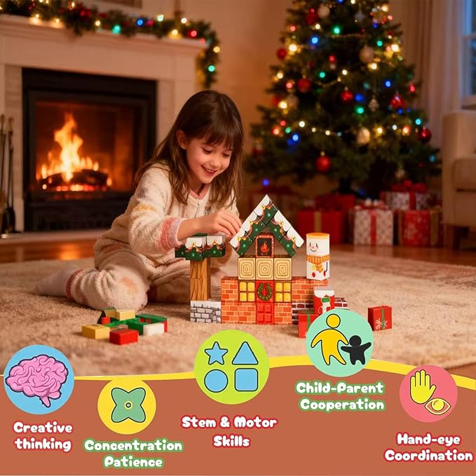 Christmas Magnetic Blocks-45PCS Xmas-Themed Building Blocks for Boys & Girls Aged 3-8 STEM Stacking Toys Games for Kids Toddlers