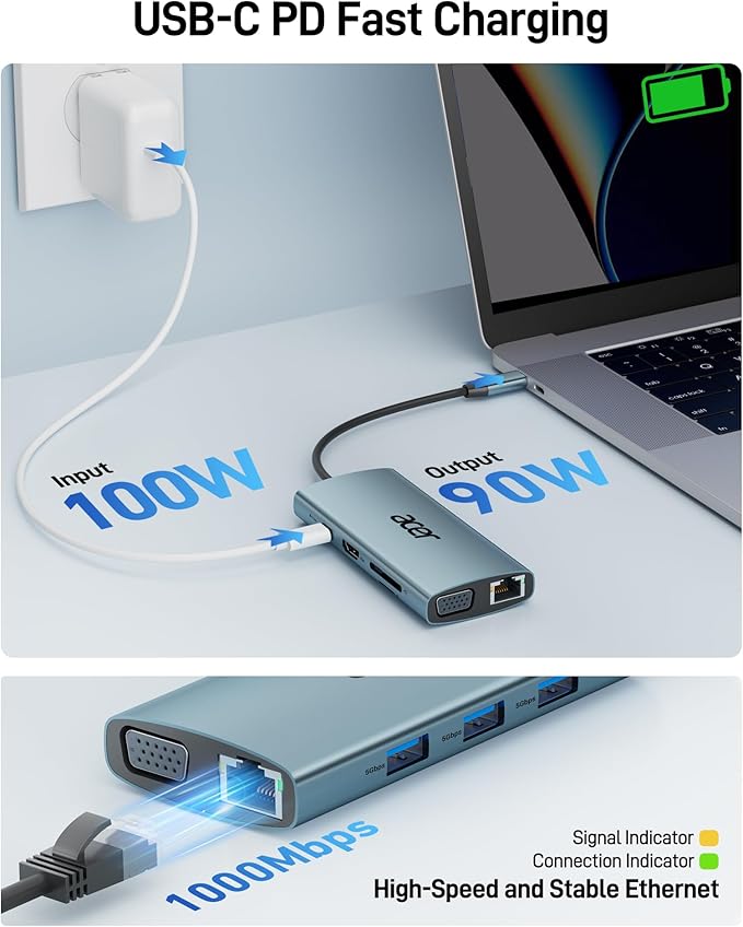 Acer USB C Hub with 4k HDMI, 9-in-1 USB C to Ethernet Adapter, 5Gbps USBA 3.0 Docking Station, VGA Splitter, SD Card Reader, PD 100W Charging for MacBook, Acer, Laptops, Surface and More